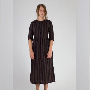 Pyne & Smith No. 14 Full Length Linen Dress in Cocoa Brown & Black Stripe Small